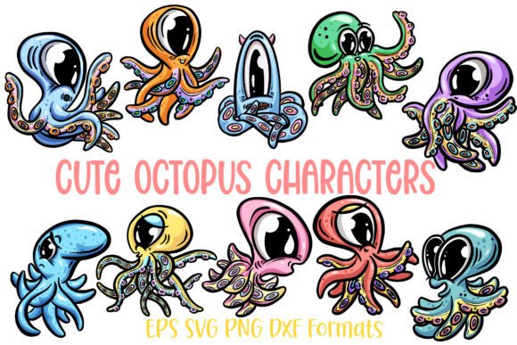 10 Cute Octopus SVG PNG Cartoon Sticker for Illustrations and Graphics